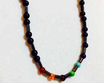Lava and hematite with colorful chakra beads necklace, spiritual symbol, lava hematite chakra, choker length, energy jewelry,