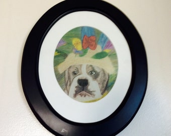 English bulldog art, brindle bulldog art, dog in hat, Oval frame and mat, small shop, dog lovers gift