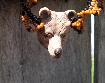 hand woven ruffled brown bear choker, earth tones, lacy bear necklace, nature lovers,  size small choker, Oglala butterfly stitch