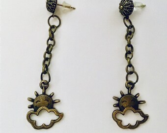 JeriAielloartstore Sun pierced earrings celestial jewelry sun bronze dangle earrings ornate bronze earth tones Sun rays jewelry