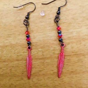 handmade metal feather earrings, pink and black earrings, pierced feather earrings, bird lovers, pow wow regalia, long earrings, gift boxed