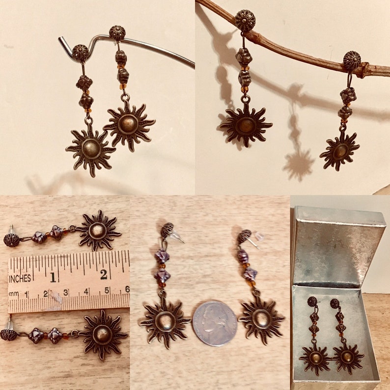 JeriAielloartstore Sun pierced earrings celestial jewelry sun bronze dangle earrings ornate bronze earth tones Sun rays jewelry