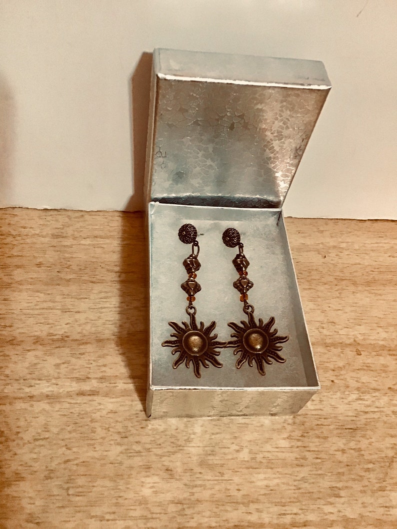JeriAielloartstore Sun pierced earrings celestial jewelry sun bronze dangle earrings ornate bronze earth tones Sun rays jewelry