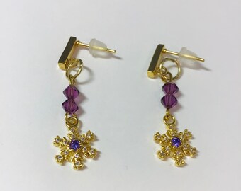 Purple Snowflake Earrings, Purple Crystals With Rhinestones