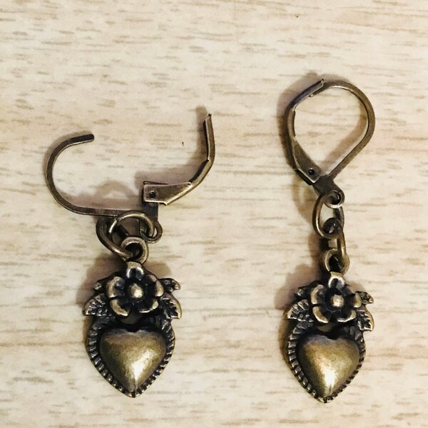 Hearts and flowers brass earrings, Valentine’s Day, romance, love and friendship, Valentine’s jewelry, anniversary idea, petite earrings,