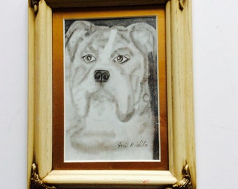 original dog art, English Bulldog art, bulldog lover, graphite bulldog drawing, framed and matted in a vintage frame, dorm room decoration