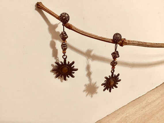 JeriAielloartstore Sun pierced earrings celestial jewelry sun bronze dangle earrings ornate bronze earth tones Sun rays jewelry