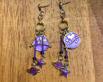 Purple cats, planets and stars celestial earrings, planetary jewelry, zodiac earrings, stars and planets, cat on a branch, purple skies