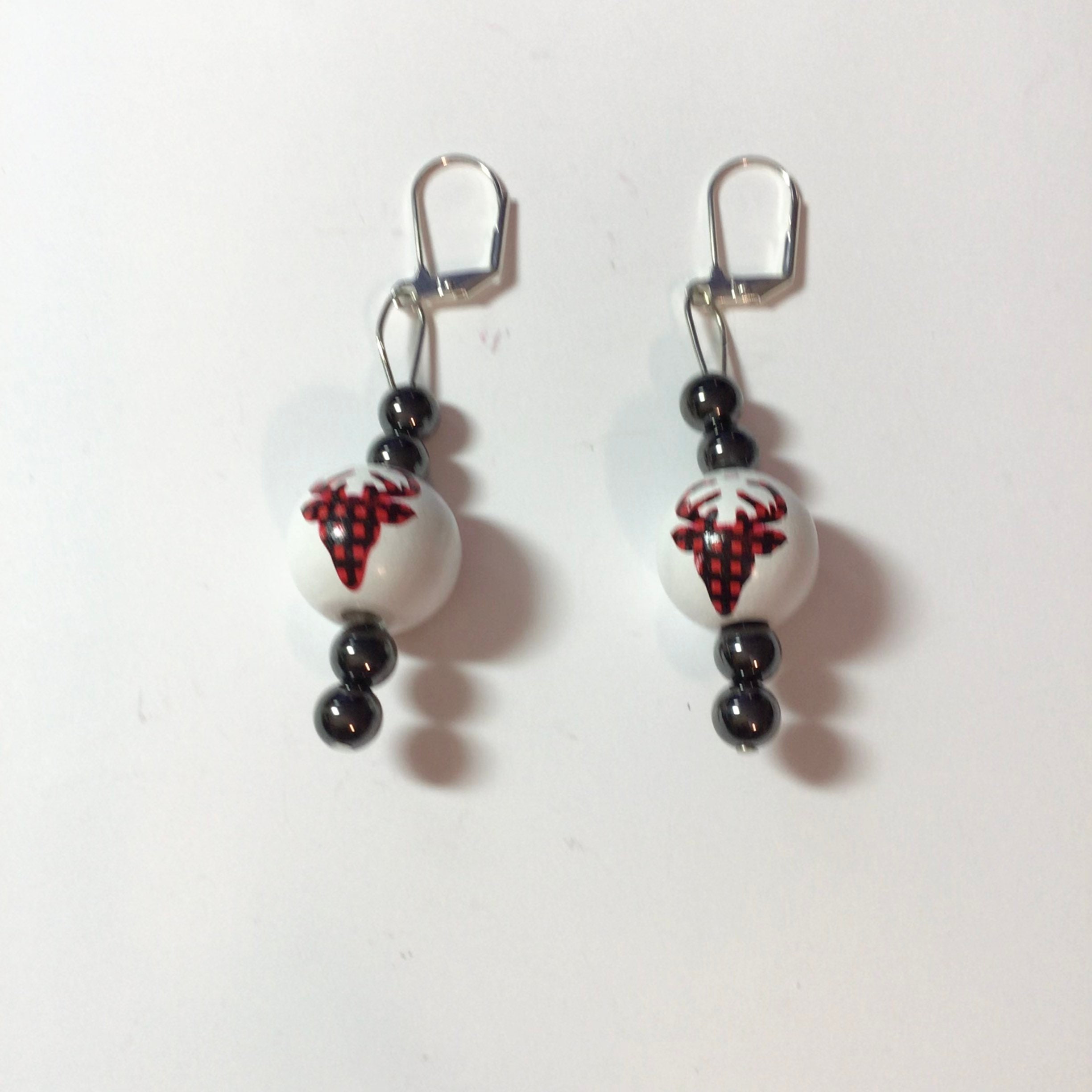 black and red plaid wood moose earrings with hematite beads, black white and red, wildlife jewelry, woodsy jewelry, country cottage earrings