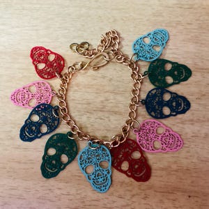 handmade sugar skull charm bracelet, Day of the Dead jewelry, multicolor, adjustable, Dia De Los Muertos, calavera, skeleton, one of a kind