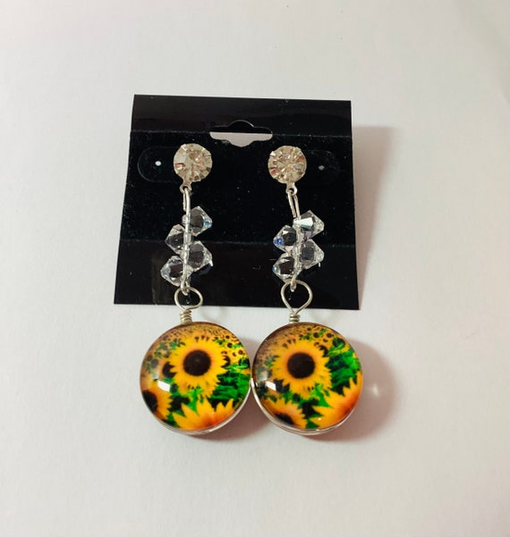 thumbnail image 2 of Icon Sunflower Drop Dangle Earrings – Green Crystal, Silver Base, Fish Hook Wires – Pierced Lobe 2 of 6