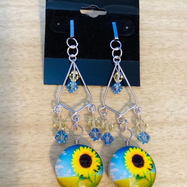 fancy sunflower earrings, clear and blue crystals, three inch dangle earrings, Mother’s Day jewelry, gift for gardener, nature lover, summer