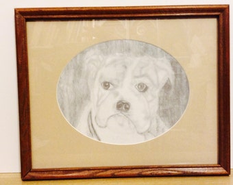 Brindle bulldog art, ooak dog lovers gift, English Bulldog art, made in America, Print of my original, matted in a vintage framed, gift idea