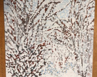 May include: A painting of a snowy forest scene with white snow covering the branches of the trees. The trees are brown and the background is a light blue.