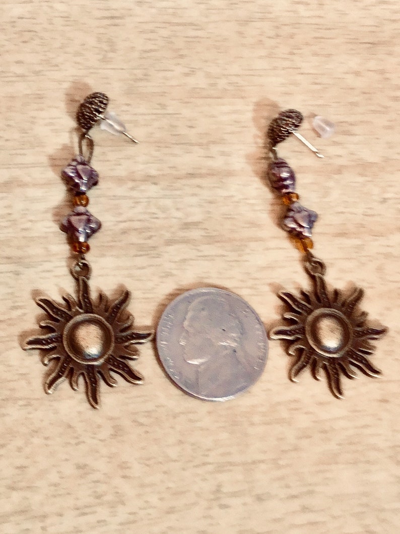 JeriAielloartstore Sun pierced earrings celestial jewelry sun bronze dangle earrings ornate bronze earth tones Sun rays jewelry