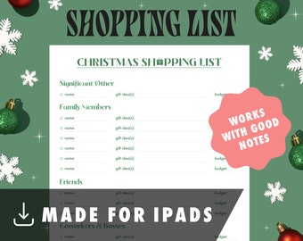 Christmas Shopping List - Made for Good Notes and iPads - INSTANT DOWNLOAD - Green - Printable pdf