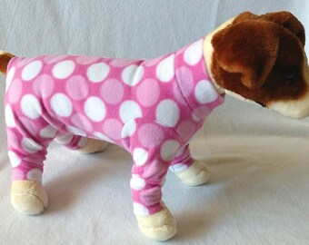 Dog or Cat Long Johns Pajamas Fleece Sweater Outfit Leash hole option Pink and White Polka Dot Print