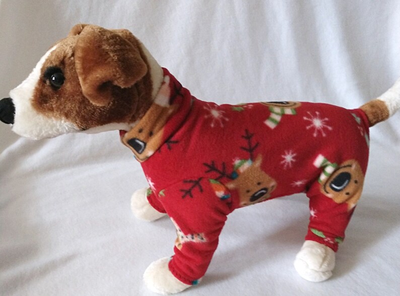 Fleece Dog Clothes Cat Clothes Dog Pajamas Long Johns Fleece Christmas Sweater Red Reindeer Holiday Print by JazzyJammies