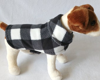 Dog Fleece Sweater Coat Jacket - Black and White Plaid - Leash Hole Option
