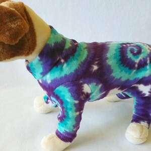 Dog or Cat Fleece Pajamas - Long John Style - Sweater Outfit - Leash Hole Option - Dog Costume Pjs - Teal Blue and Purple Tie Dye Print