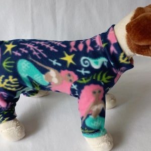 Dog or Cat Fox Pajamas - Fleece Long Johns Sweater - Enchanted Mermaids on Blue - Dog Outfit Pjs - Leash Hole Option