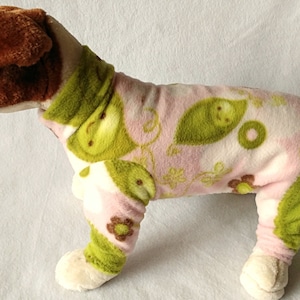 Dog or Cat Fleece Pajamas - Long John Style Sweater Pjs Pj's - Whimsical Sweet Peas Print - Green and Pink