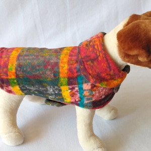 Dog or Cat Fleece Sweater Coat Jacket - Distressed Rainbow Plaid Print - Leash Hole Option - Collared Dog Sweater Outfit