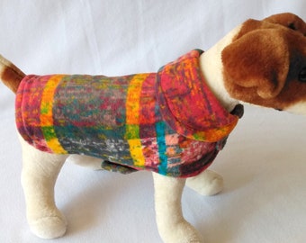 Dog or Cat Fleece Sweater Coat Jacket - Distressed Rainbow Plaid Print - Leash Hole Option - Collared Dog Sweater Outfit