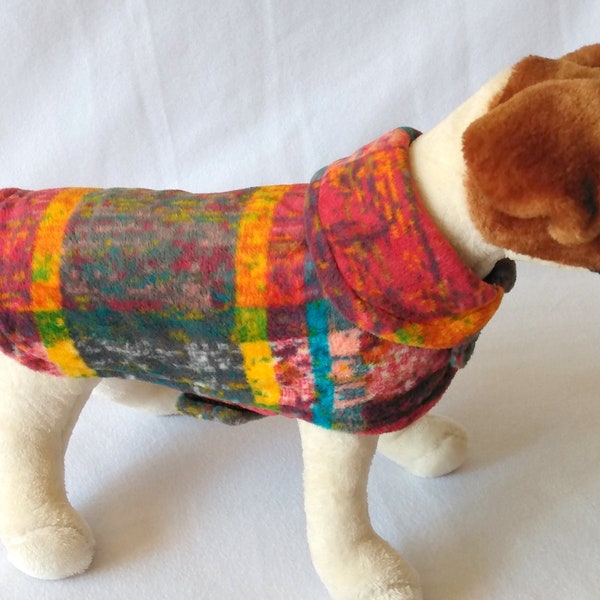 Dog or Cat Fleece Sweater Coat Jacket - Distressed Rainbow Plaid Print - Leash Hole Option - Collared Dog Sweater Outfit