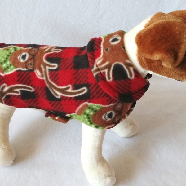 Dog or Cat Fleece Sweater Coat Jacket - Christmas Holiday - Lumber Jack Hipster Reindeer Red & Black Plaid Print - Leash Hole Option