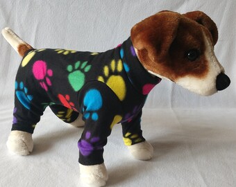 Dog or Cat Long Johns Pajamas Fleece Sweater Costume Outfit with Leash hole Rainbow Paw Prints on Black