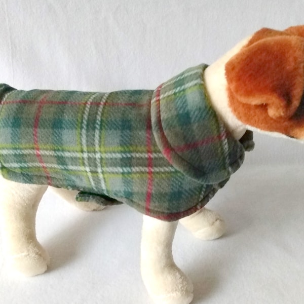 Dog or Cat Fleece Sweater Coat Jacket - Olive Green Plaid Print - Leash Hole Option - Collared Dog Sweater Outfit