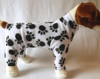 Dog or Cat Long John Style Pajamas Fleece Clothes Sweater Costume Outfit with Leash hole Black and White Paw Prints