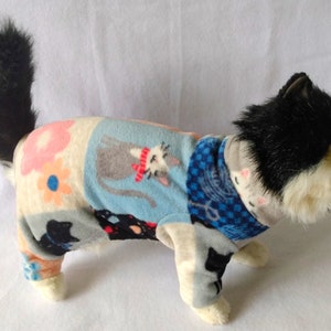 Cat Pajamas - Winter Fleece Long Johns Cat Sweater - Cat Pjs Outfit - Blue and Pink Patchwork Kitties Print