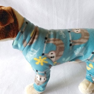 Dog or Cat Long John Style Pajamas - Fleece Dog Pjs - Sweater Outfit Pjs -  Blue Sloths Print - Leash hole option