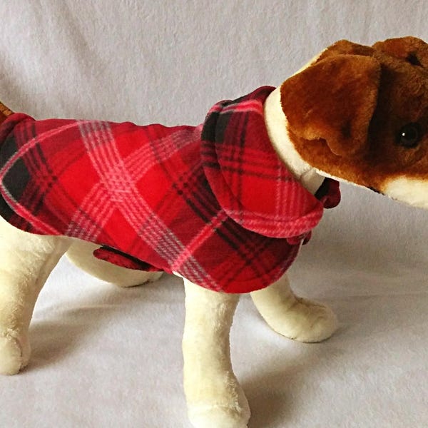 Dog or Cat Fleece Sweater Coat Jacket Red and Black Plaid Print