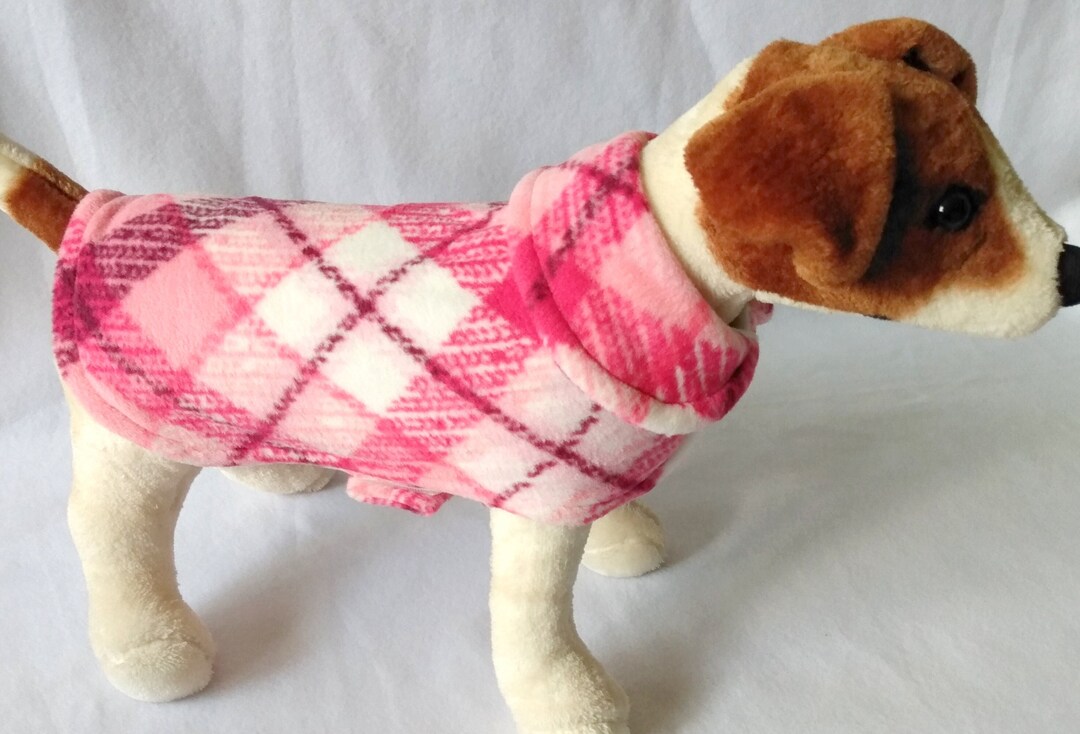 Dog or Cat Fleece Sweater Coat Jacket Raspberry Pink Plaid Print Leash