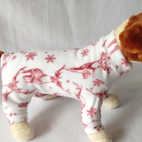 Dog Pajamas - Christmas Holiday Sweater - Winter Fleece Long Johns Onesie - Red Deer Stags & Snowflakes - Leash Hole Option