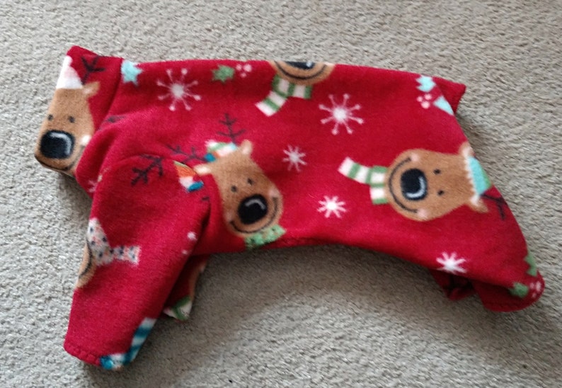 Fleece Dog Clothes Cat Clothes Dog Pajamas Long Johns Fleece Christmas Sweater Red Reindeer Holiday Print by JazzyJammies