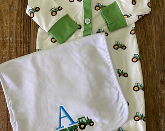 Children's personalized tractor clothing set with optional burp cloth