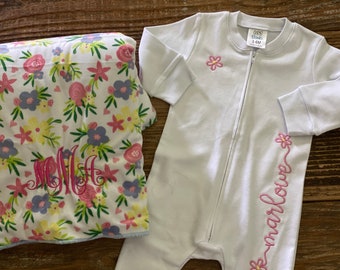 Custom Daisy Embroidered Baby Footie Sleeper