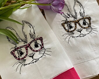 Easter Bunny Tea Towel: Embroidered Bunny with Glasses