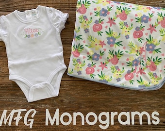 Custom Baby Girl Bodysuit and Blanket Set: Floral Embroidery