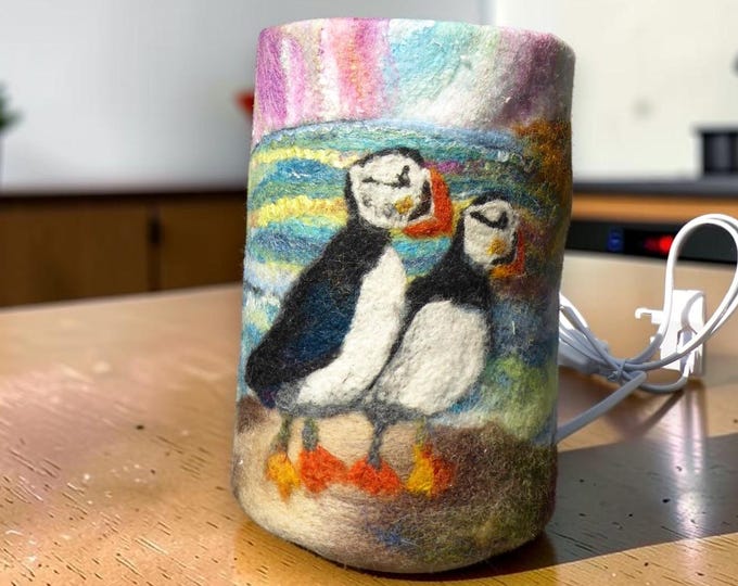 Large Felted Lamp (puffins)