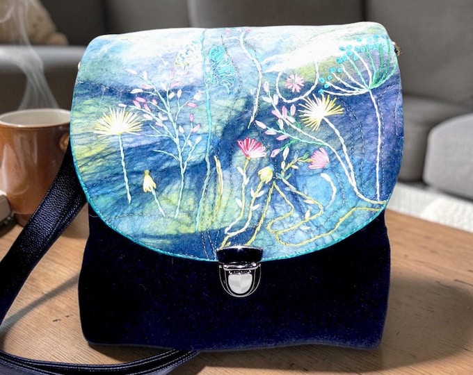 Handmade felted shoulder bag (blue embroidered)
