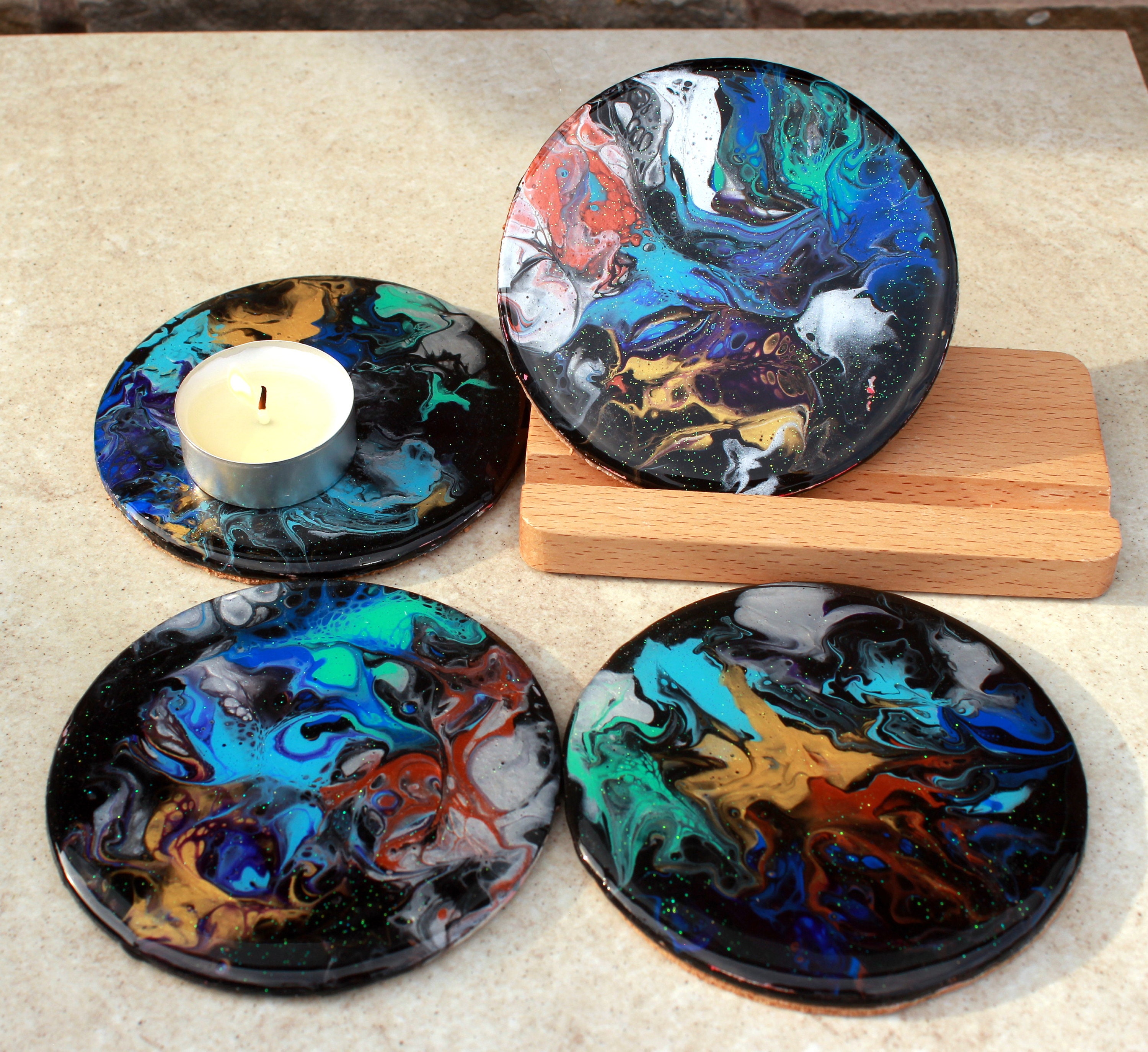 Set of 4, Hand-made coasters, original hand-painted, Acrylic Pour, heat