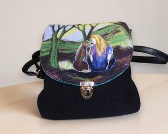 Handmade felted shoulder bag (lady & dog)
