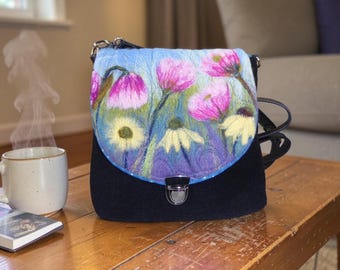 Handmade felted shoulder bag (pink & yellow flowers)