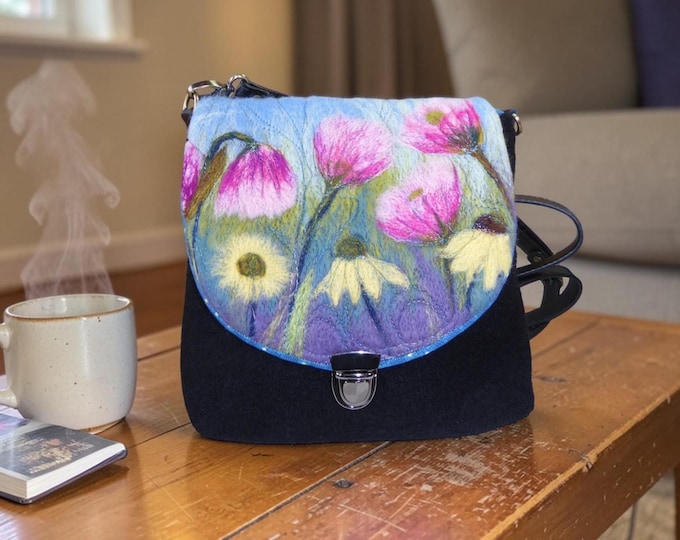 Handmade felted shoulder bag (pink & yellow flowers)