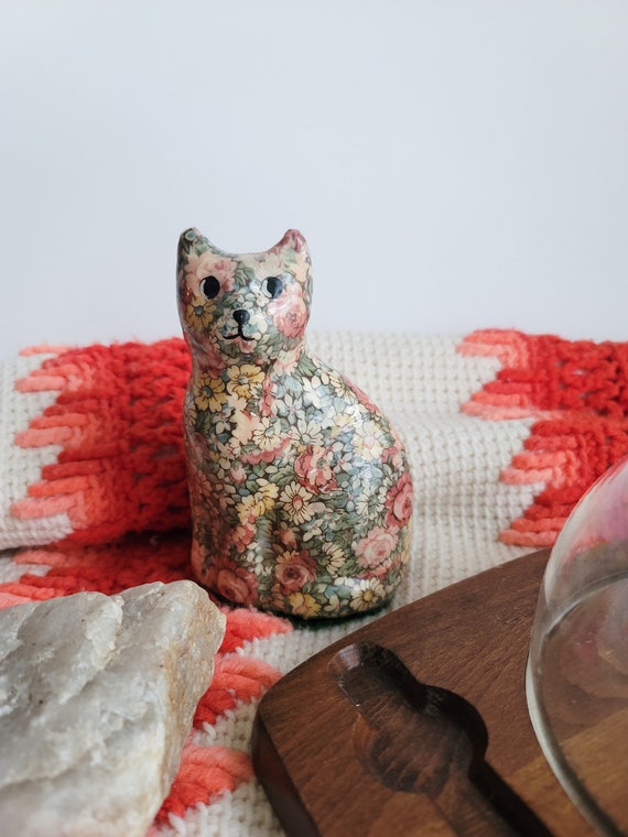 Cat Figurine Floral Decoupage Etsy